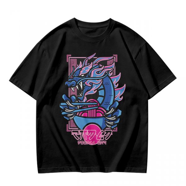 Olive T-Shirt With Neon Blue Dragon Holding Ramen Chopsticks Art