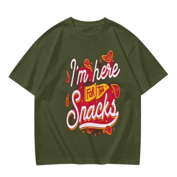 Olive green graphic tee with 'I'm here for the snacks' print