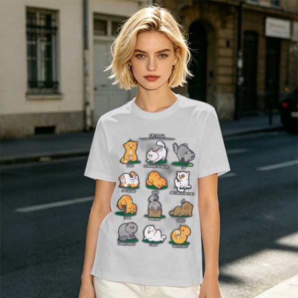 Olive Green T-Shirt With Cute Cat Yoga Pose Illustrations