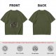 Olive green graphic t-shirt with symmetrical dark and orange artwork