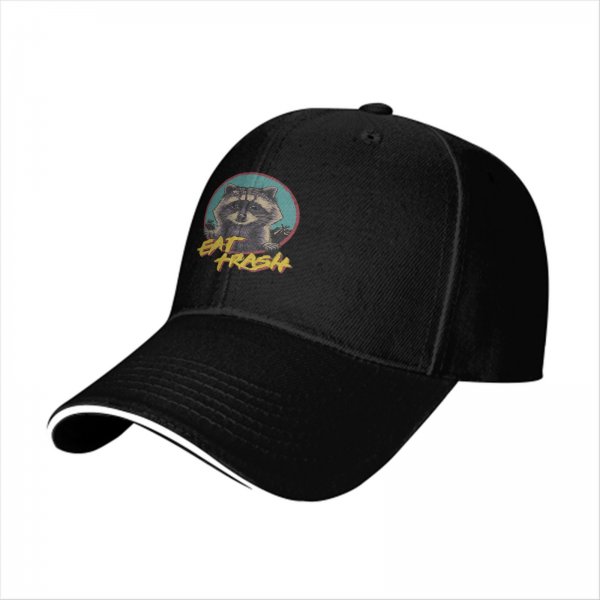 Black baseball cap with raccoon graphic and 'Eat Trash' text