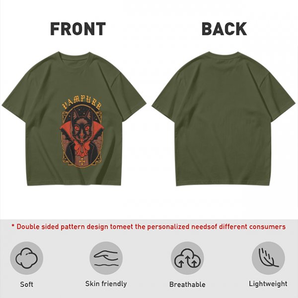 Olive T-Shirt with Vampurr Black Cat Vampire Graphic