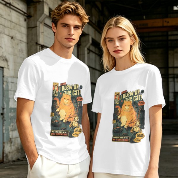 Olive t-shirt with vintage comic style 'I Blew Up The Cat!' print