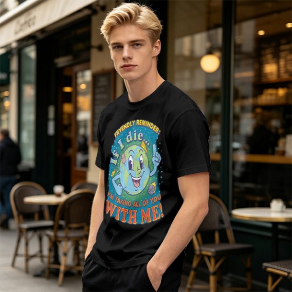 Olive t-shirt with cartoon earth 'friendly reminder' print