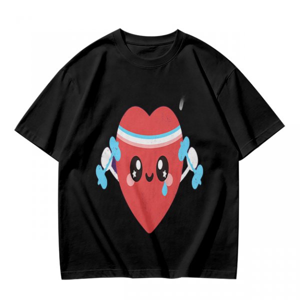 Olive T-Shirt With Cute Cartoon Heart Lifting Dumbbells Print