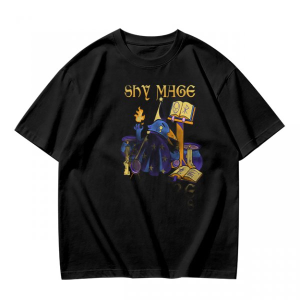 Olive T-Shirt with Shy Mage Wizard and Magical Artwork Print