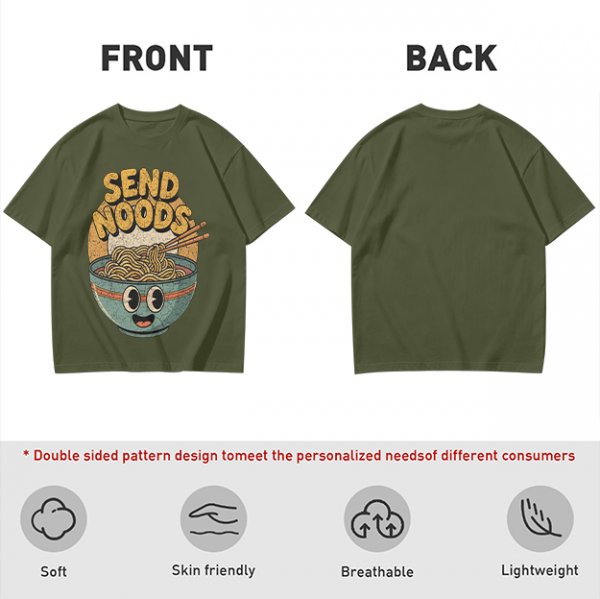 Olive Green T-Shirt With Retro Send Noods Ramen Bowl Graphic