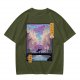 Olive T-shirt with Cyberpunk City Bridge Character Art Print