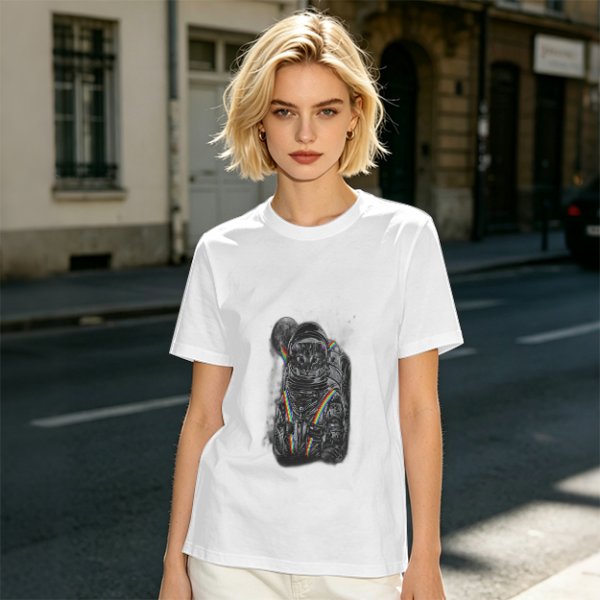 Olive T-Shirt With Astronaut Cat And Rainbow Accent Print