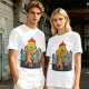 Olive green t-shirt with cartoon dogs playing poker under a hanging lamp