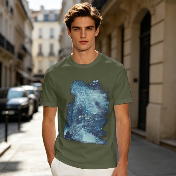 Olive Green T-Shirt With Abstract Blue Water-Inspired Print