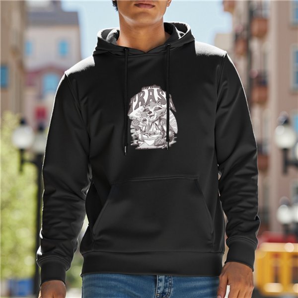 Black Hoodie With Monochrome Anthropomorphic Animal Graphic Print