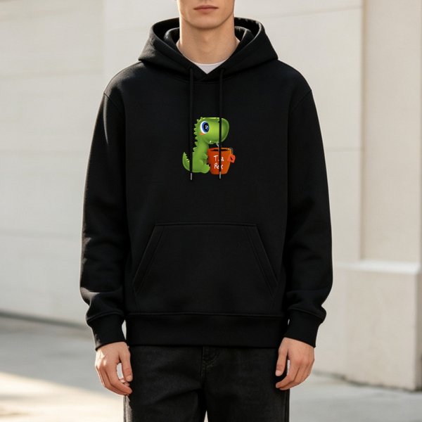 Black hoodie with cute green dinosaur holding coffee mug graphic