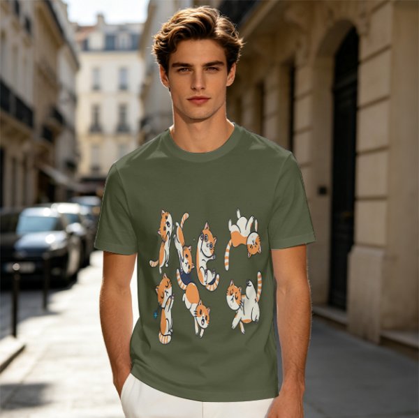 Olive T-Shirt With Playful Orange Kitten Illustrations