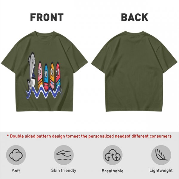 Olive T-Shirt With Shark And Colorful Ghost Creatures Print