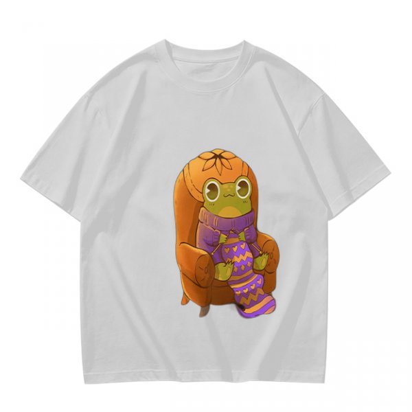 Olive Green T-Shirt with Cozy Frog in Pumpkin Hat Graphic
