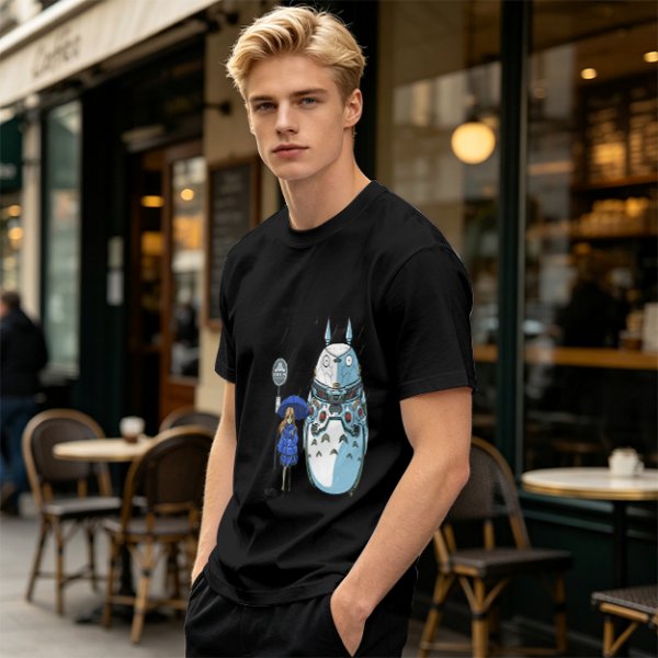 Olive T-Shirt with Mech Totoro and Girl at Bus Stop Print