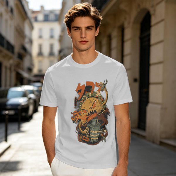 Olive T-shirt with Monster Burger and Japanese Graphic Print