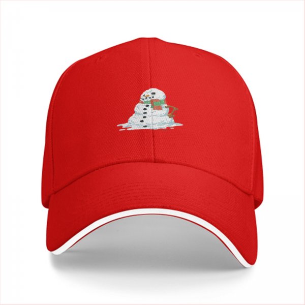 Black baseball cap with a melting snowman graphic for winter style