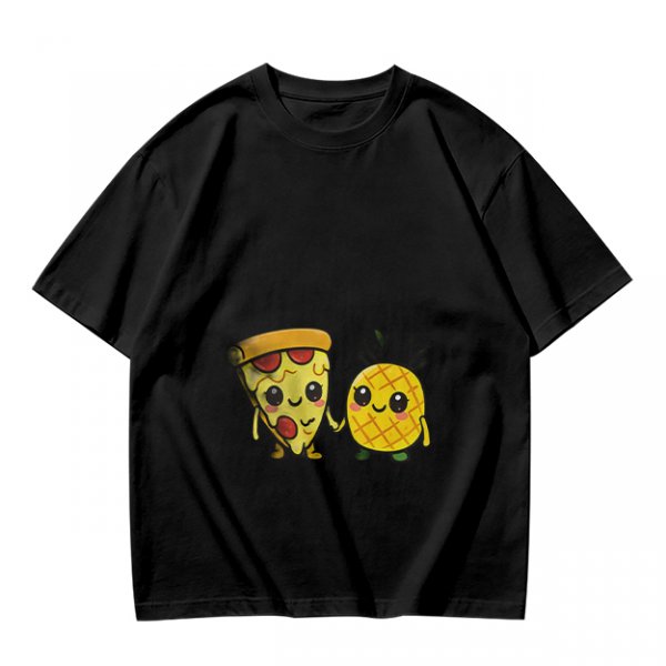 Olive T-Shirt with Cute Pizza and Pineapple Holding Hands Print