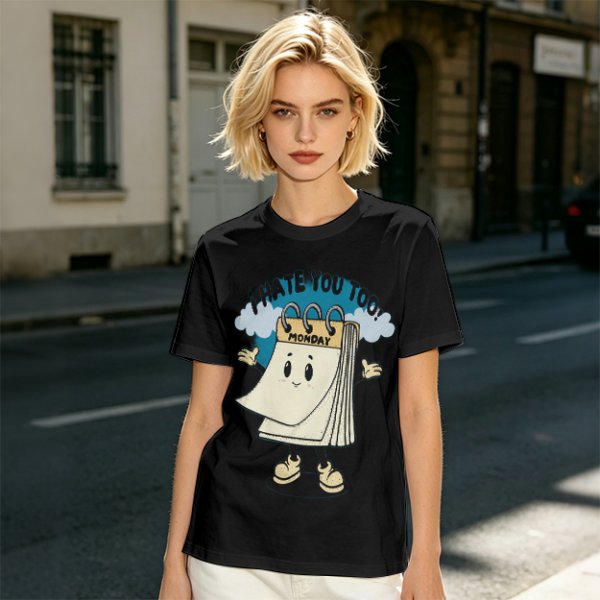 Olive t-shirt with cartoon Monday calendar graphic and 'I HATE YOU TOO' text
