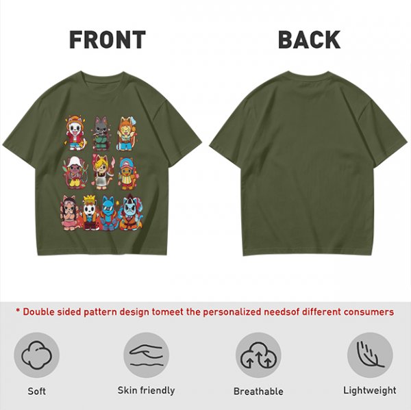 Olive T-Shirt With Cute Anime Cat Character Print