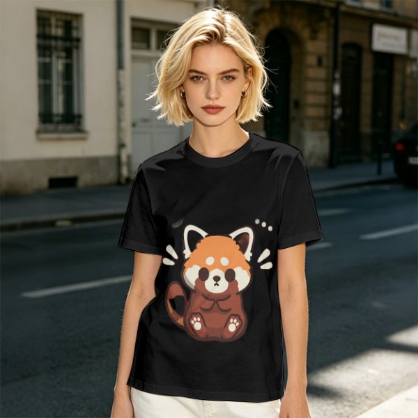 Olive T-Shirt With Cute Shy Red Panda Graphic Print