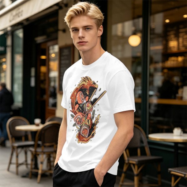 Olive T-shirt with Sushi Dragon Chopstick Art Print