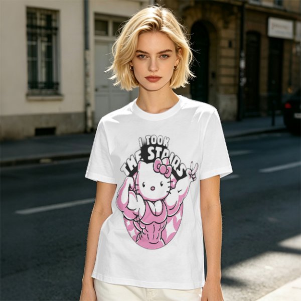 Olive t-shirt with muscular Hello Kitty graphic and 'I Took The Stairs' text