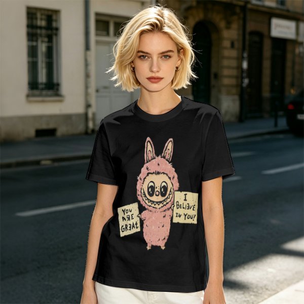 Olive T-shirt with a cute bunny monster holding You Are Great and I Believe In You signs