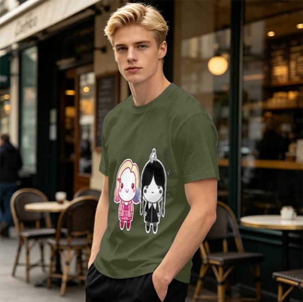 Olive T-Shirt with Chibi Wednesday Addams and Enid Sinclair Print