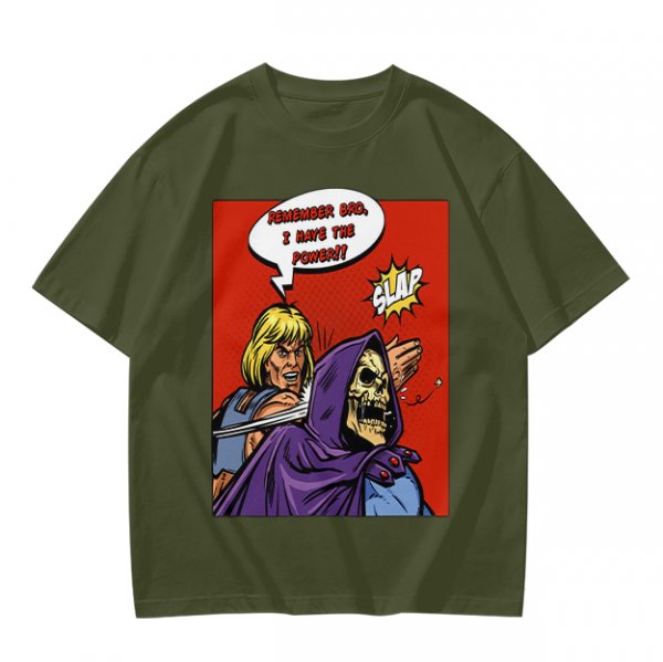 Olive T-shirt with He-Man slapping Skeletor comic print
