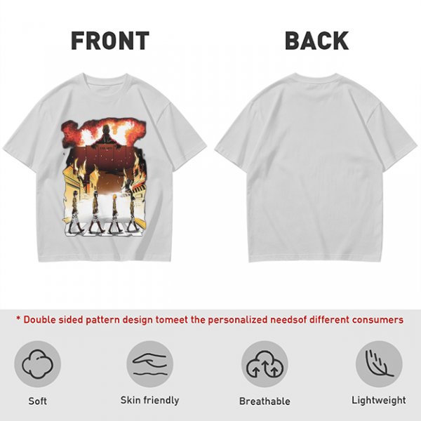 Olive T-Shirt With Anime Characters Crossing Burning Street Print