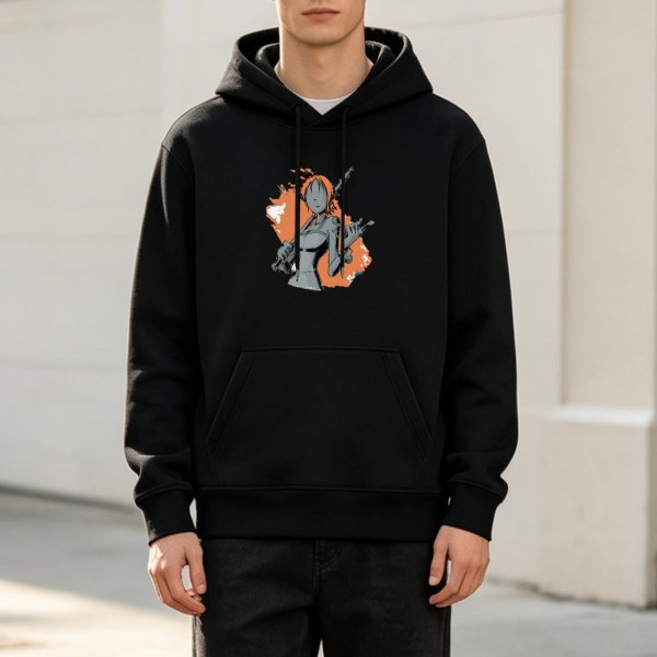Black hoodie with anime-style female character graphic print