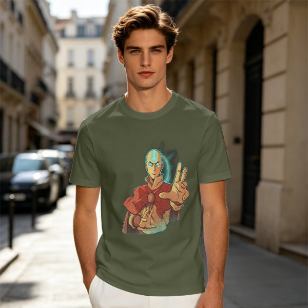 Olive Green T-Shirt with Avatar Aang The Last Airbender Art