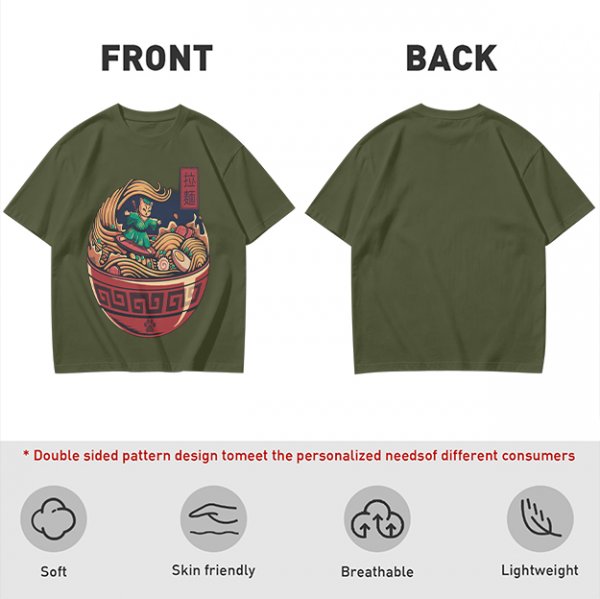 Olive T-shirt with Samurai Cat Surfing Ramen Bowl Art