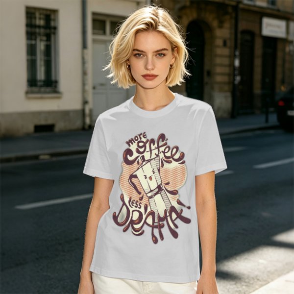 Olive t-shirt with 'More Coffee Less Drama' and moka pot graphic