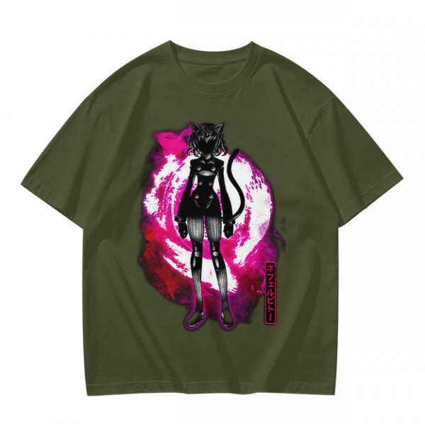 Olive anime cat character graphic t-shirt with pink abstract background