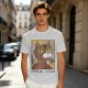 Olive green t-shirt with cubist style cat print and Purrcasso text
