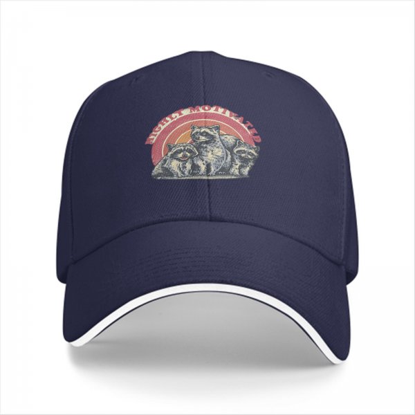 Black baseball cap with highly motivated raccoon graphic and retro rainbow