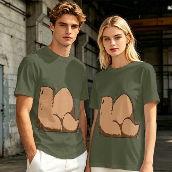 Olive Green T-Shirt With Capybara Rear View Graphic