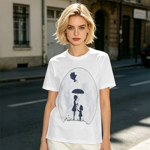 Olive T-Shirt With Moon Silhouette Of Two Children And Umbrella