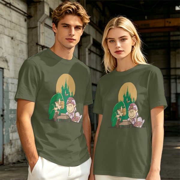 Olive Green T-Shirt With Zelda Themed Cartoon Characters Print