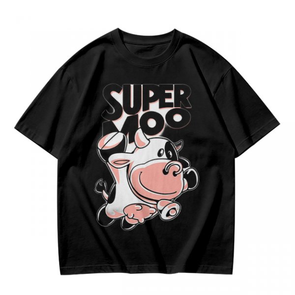 Olive green t-shirt with 'SUPER MOO' and cartoon cow graphic