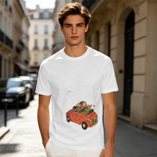 Olive T-Shirt with Skeleton and Friends in Christmas Car Print