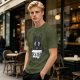 Olive graphic t-shirt with black cat holding 'for a year or two' text