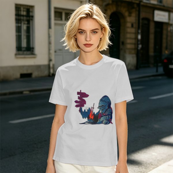 Olive T-Shirt With Dark Souls Knight At Campfire Death Sign Print
