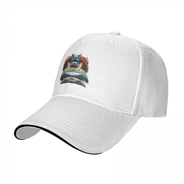 Black baseball cap with stacked Totoro characters in rainy scene