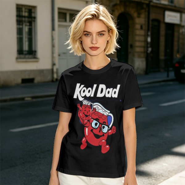 Olive green graphic t-shirt with Kool Dad and Kool-Aid mascot print