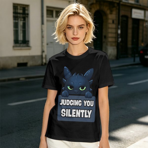 Olive t-shirt featuring Toothless the dragon judging you silently